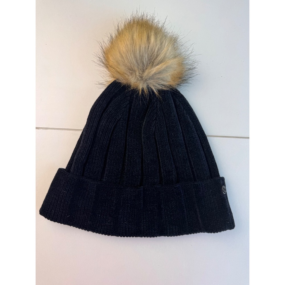 Lululemon Beanie‎ Hat Women OS Black Corduroy Ribbed Faux Fur Pom Pom Athleisure